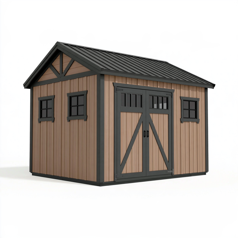 Abri de jardin 300 x 240 x 230 cm effet bois marron et noir avec portes doubles et fenêtres