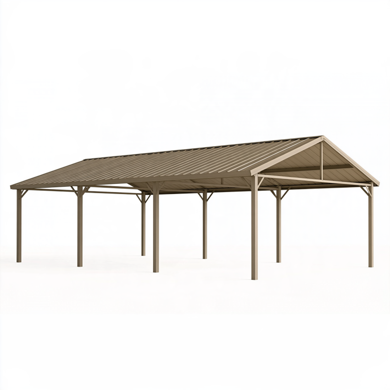 Abri voiture 600 x 300 x 270 cm en acier taupe avec toit à deux pentes