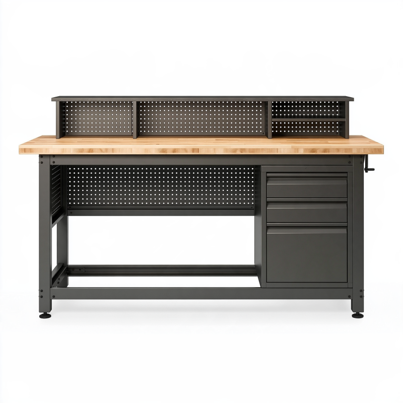 Établi 180 x 60 x 150 cm en acier noir et bois avec rangements style industriel