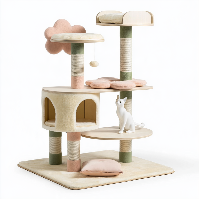 Arbre à chat 80 x 60 x 140 cm en bois tissu et sisal vert rose et beige avec niches plateformes et griffoirs