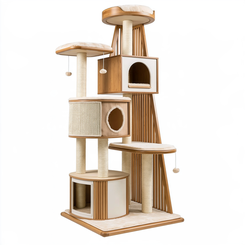 Arbre à chat 80 x 60 x 170 cm en bois beige et naturel avec griffoirs et niches