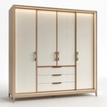 Armoire 200 x 60 x 220 cm en panneaux de bois beige et bois clair à 4 portes avec tiroirs