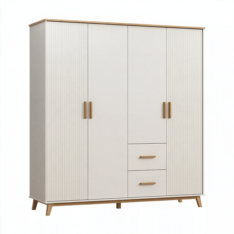 Armoire de rangement 180 x 52 x 200 cm blanche et décor bois avec 4 portes 2 tiroirs style scandinave