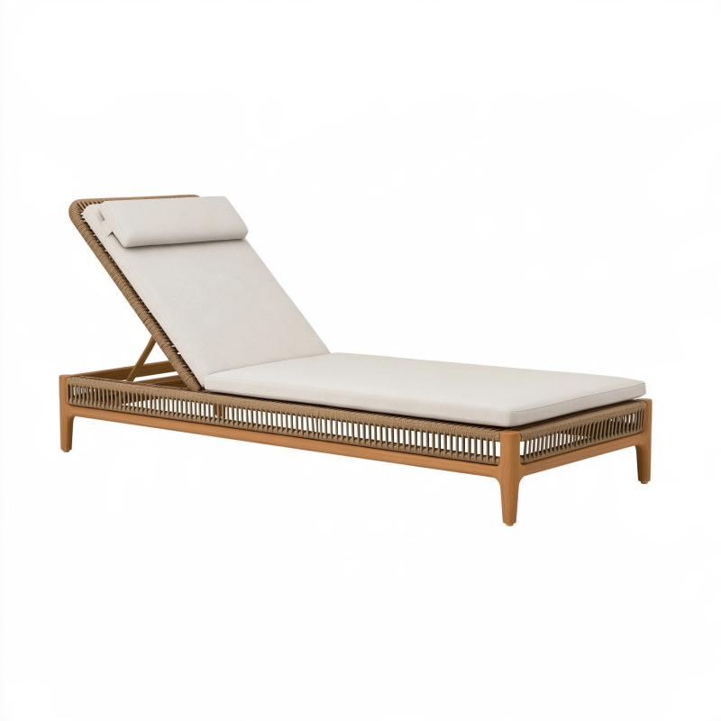 Chaise longue de jardin 200 x 70 cm en bois et corde tressée beige dossier réglable