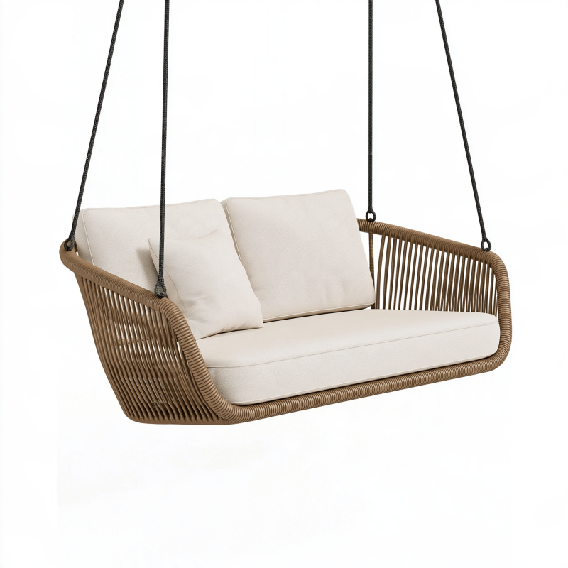Canapé suspendu de jardin 140 cm en rotin synthétique marron avec assise beige style bohème